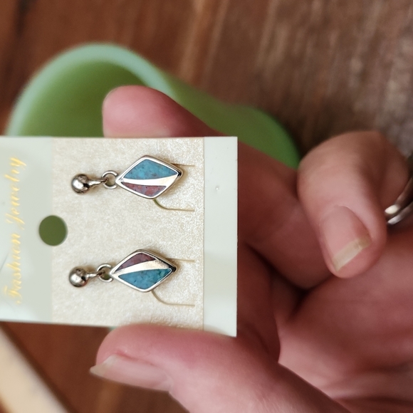 Turquoise and coral earrings - Picture 2 of 5